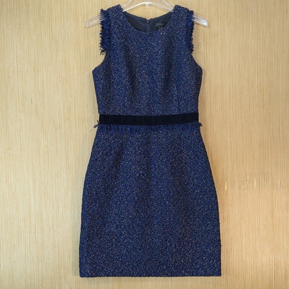 J.Crew Preppy Old Money Tweed Fringe Sheath Dress Size 4 Blue Metallic Festive